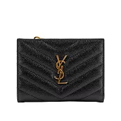 YSL 山形紋魚子醬皮金字拉鍊零錢袋二折短夾 (黑色)
