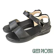 【GREEN PHOENIX】女 涼鞋 一字帶 沾黏 全真皮 小坡跟 厚底 顯瘦 EU40 黑色