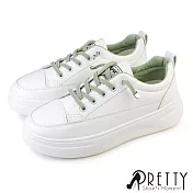 【Pretty】女 小白鞋 休閒鞋 皮革 厚底 增高 免綁帶 EU37 綠色