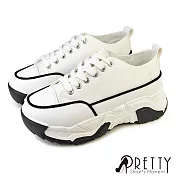 【Pretty】女 休閒鞋 帆布鞋 厚底 增高 顯瘦 奶油頭 綁帶 US3 白色