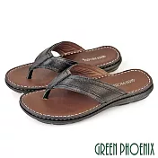 【GREEN PHOENIX】男 拖鞋 夾腳 人字 真皮 平底 輕量 吸震減壓 臺灣製 US6 黑色