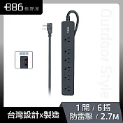 +886 [極野家] 1開6插過載保護延長線 2.7米 HPS1160 (3色任選) 迷霧灰