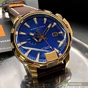 Giorgio Fedon 1919喬治飛登精品錶,編號：GF00106,46mm圓形玫瑰金精鋼錶殼寶藍色錶盤真皮皮革咖啡色錶帶