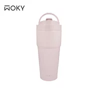 【WOKY 沃廚】–[●●]渾圓杯-手提雙層陶瓷款750ml(附矽膠粗吸管) 靄緋粉