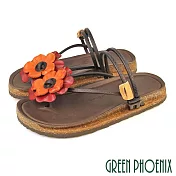 【GREEN PHOENIX】女 涼鞋 拖鞋 夾腳 全真皮 兩穿 花朵 手工 台灣製 EU36 橙色