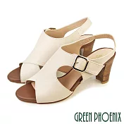 【GREEN PHOENIX】女 涼鞋 魚口鞋 全真皮 粗跟 高跟 鏤空 飾釦 台灣製 US4.5 米色