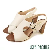 【GREEN PHOENIX】女 涼鞋 魚口鞋 全真皮 粗跟 高跟 鏤空 飾釦 臺灣製 US4.5 米色
