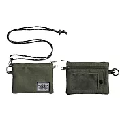 【HUGGER】卡片零錢包 軍綠色 (大開口分層拉鏈萬用收納掛繩皮夾)