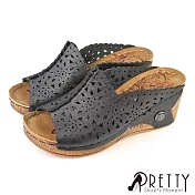 【Pretty】女 拖鞋 鏤空 花邊 厚底 楔型 防水臺 EU37 黑色