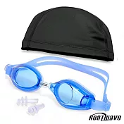 Heatwave泳鏡 PP盒純矽膠眼罩+泳帽組 深藍泳鏡+黑泳帽
