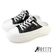 【Pretty】女 穆勒鞋 休閒拖鞋 懶人鞋 半拖鞋 奶油頭 厚底 EU36 黑色