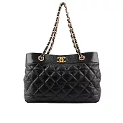 CHANEL 金色CC Logo 菱格紋小牛皮三層肩背托特包_展示品 (黑色)