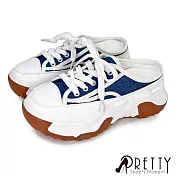 【Pretty】女 休閒拖鞋 老爹 穆勒鞋 帆布鞋 運動風 厚底 顯瘦 增高 JP23 藍色2