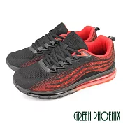 【GREEN PHOENIX】男 休閒鞋 運動鞋 透氣 網布 全氣墊 彈力 吸震 綁帶 厚底 JP25.5 黑紅色