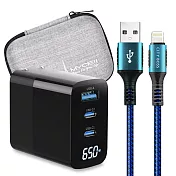 MYCELL 65W氮化鎵GDK55T 黑色+勇固線耐彎折編織線USB-iphone/ipad-150cm 藍線
