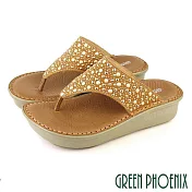 【GREEN PHOENIX】女 拖鞋 全真皮 夾腳 輕量 厚底 氣墊 台灣製 EU37 梨色6