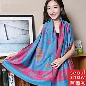 Seoul Show首爾秀 藏傳花間 仿羊絨雙面提花圍巾披肩 粉框湖藍底