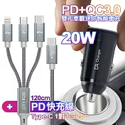 DA PD+QC3.0 20W雙孔迷你智能車充+CITY TypeC 1對3 PD快速閃充線三合一(120cm灰)