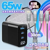 MYCELL 數顯65W氮化鎵 黑色+TypeC 1對3 PD快速閃充線三合一(30cm短線灰)