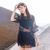 【STizi 史堤茲】和事現貨 女泳裝 三件套裙式 韓版蕾絲泳裝 顯瘦 平角褲 綁帶溫泉泳衣(446) L 黑色