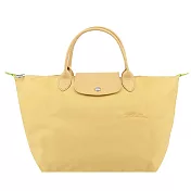 LONGCHAMP LE PLIAGE GREEN系列刺繡短把再生尼龍摺疊水餃包(中)  小麥黃