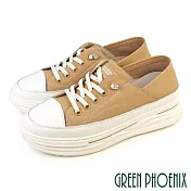 【GREEN PHOENIX】女 休閒鞋 懶人鞋 真皮 顯瘦 免綁鞋帶 厚底 EU38 杏色