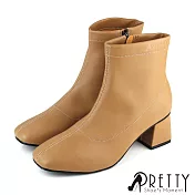【Pretty】女 短靴 粗高跟 方頭 素面 側拉鍊 台灣製 JP23 棕色