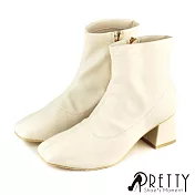 【Pretty】女 短靴 粗高跟 方頭 素面 側拉鍊 台灣製 JP23.5 米色