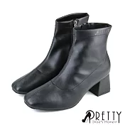 【Pretty】女 短靴 粗高跟 方頭 素面 側拉鍊 台灣製 JP23 黑色