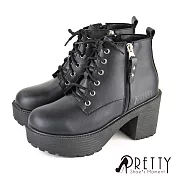 【Pretty】女 短靴 馬丁靴 粗跟 高跟 防水台 拉鍊 綁帶 台灣製 EU36 黑色