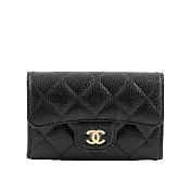 CHANEL 金色Logo 菱格紋荔枝牛皮翻蓋卡片夾 (黑色)