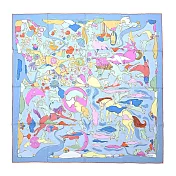Hermes 愛馬仕 Mille et Un Lapins 90 cm手工捲邊斜紋真絲方巾 薰衣草藍/亮粉/黃