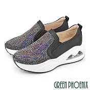 【GREEN PHOENIX】女 休閒鞋 懶人鞋 氣墊鞋 彈力 全真皮 水鑽 厚底 EU35 黑色