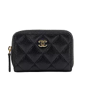 CHANEL 淡金色CC Logo 荔枝牛皮ㄇ形拉鍊零錢包 (黑色)