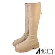 【Pretty】女 長靴 長筒靴 貼腿靴 機車靴 顯瘦 拉鍊 厚底 JP23 卡其色
