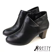【Pretty】女 踝靴 短靴 粗高跟 翻領 微尖頭 素面 側拉鍊 台灣製 JP23.5 黑色