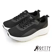 【Pretty】女 休閒鞋 運動鞋 綁帶 網布 透氣針織 厚底 JP23 黑色