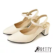 【Pretty】女 涼鞋 跟鞋 高跟 粗跟 尖頭 繞踝 皮帶釦 台灣製 JP23 米色