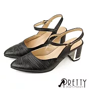 【Pretty】女 涼鞋 跟鞋 高跟 粗跟 尖頭 繞踝 皮帶釦 台灣製 JP23.5 黑色