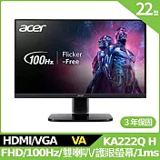 Acer KA222Q H 22型護眼螢幕(VA,VGA,HDMI,2Wx2)