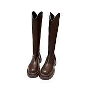 【Amoscova】素面V口騎士長筒女靴(1705) EU37 棕色