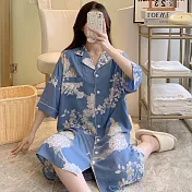 【Wonderland】時尚翻領小清新印花寬鬆七分袖薄款嫘縈開衫女睡衣洋裝 FREE 藍色繡球