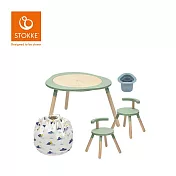 Stokke 挪威 MuTable V2 多功能遊戲桌經典組 (一桌二椅+玩具收納袋-雲朵飄飄+筆筒-藍) - 三葉草綠