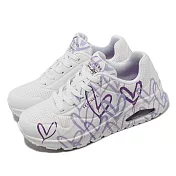 Skechers 休閒鞋 Uno-Spread The Love 女鞋 白 紫 愛心 滿版 氣墊 聯名 皮革 小白鞋 155507WLPR 23cm WHITE/PURPLE