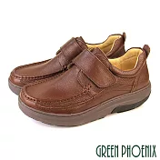 【GREEN PHOENIX】男 休閒鞋 休閒皮鞋 商務鞋 沾黏式 厚底 吸震減壓 會呼吸的鞋 磁石震動 EU42 咖啡色