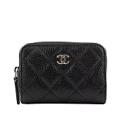 CHANEL 銀色CC Logo 荔枝牛皮ㄇ形拉鍊零錢包 (黑色)