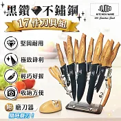 JOJOGO 黑鑽不鏽鋼17件刀具組 附刀具置物架 廚師刀 吐司刀 披薩刀 萬用刀 水果刀 起司刀 削皮器 多功能剪刀 磨刀器