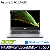 【雙碟升級】Acer 宏碁 A114-33-C53V 14吋/N4500/4G/128G Emmc+1TB//Win11 S/ 文書筆電