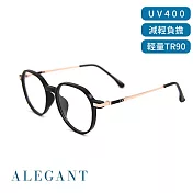 【ALEGANT】文藝復古TR90輕量幾何圓框金屬鏡腳UV400濾藍光眼鏡 溶月黑
