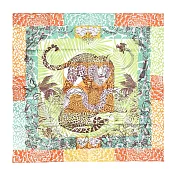 Hermes 愛馬仕 Jungle Love stamped 70 cm手工捲邊斜紋真絲方巾 綠/橙/棕